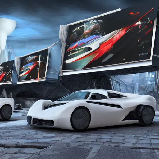 Image similar to sci-fi cars 50% of canvas in center and wall near structure on the coronation of napoleon painting and digital billboard in the middle and everything in style of zaha hadid and suprematism forms unreal engine 5 keyshot octane artstation trending ultra high detail ultra photo realistic 8k 16k in plastic dark tilt shift