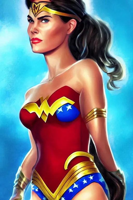 Image similar to portrait of a mix of beautiful young maria shriver, mariel hemmingway, brooke shields and elle macpherson as wonderwoman, thin lips, hair tied up in a pony tail, colorful artstation, cgsociety