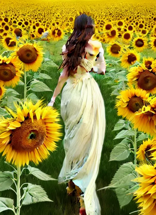 Image similar to a full body fashion photography of a girl slowly walking through amazing tall sunflower field, hair flowing, intricate, elegant, clearly visible face, highly detailed, digital painting, artstation, concept art, smooth, sharp focus, illustration, art by artgerm and greg rutkowski and alphonse mucha, 8 k