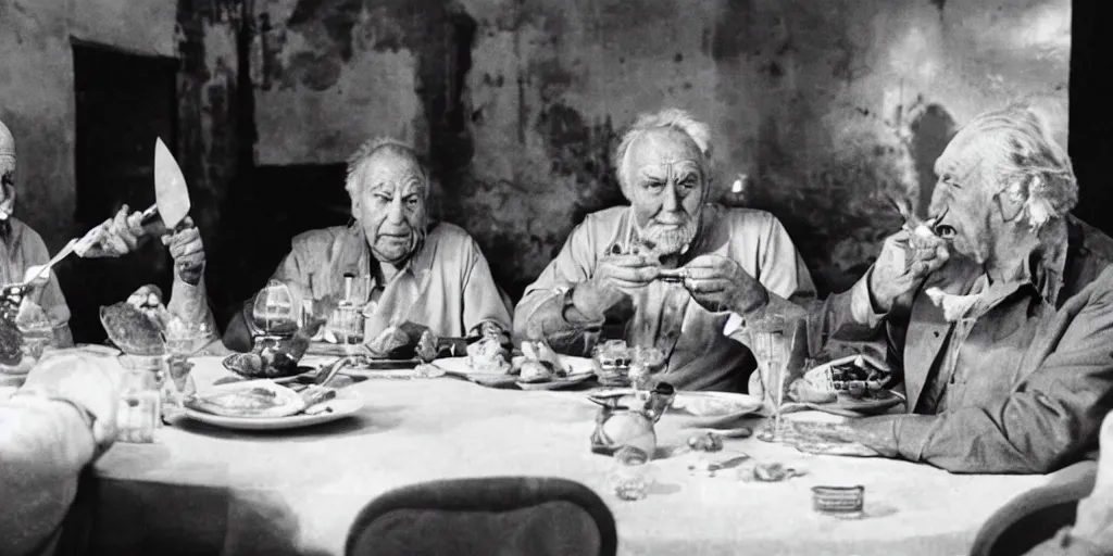 Image similar to film still of wrinkly old men sitting at a round dinner table eating money with knife and fork, directed by fellini