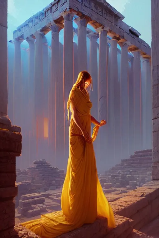 Prompt: possessed woman wearing an ancient greek tunic made of yellow paper, stephen bliss, unreal engine, fantasy art by greg rutkowski, rhads, ferdinand knab, makoto shinkai and lois van baarle, ilya kuvshinov, rossdraws, tom bagshaw, global illumination, radiant light, ancient greek temple ruins, red and blue theme