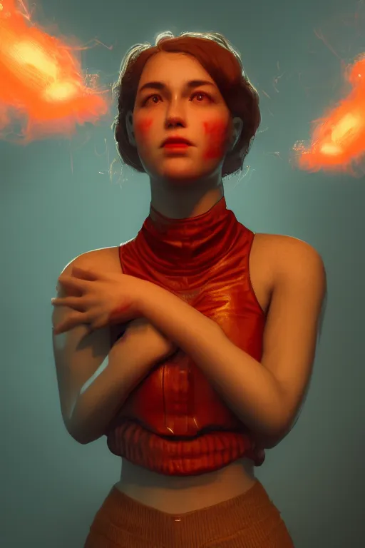 Prompt: a vintage photograph of a communist girl, strong subsurface scattering, red smoke, gold cables, dramatic lighting, stunning scene, highly detailed, concept art, octane render, trending on artstation