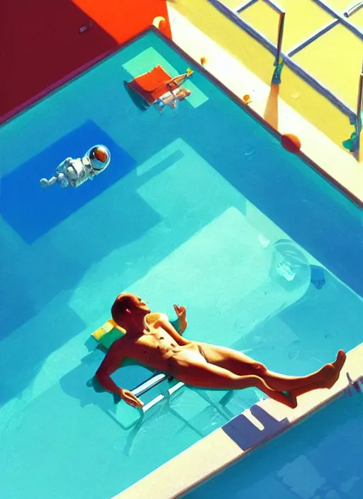 Image similar to an astronaut sunbathing by a pool, isometric, complimentary colors, perfect lighting, aesthetic, masterpiece, award winning, perfect composition, artstation, 4 k, darek zabrocki, greg rutkowski, artgerm