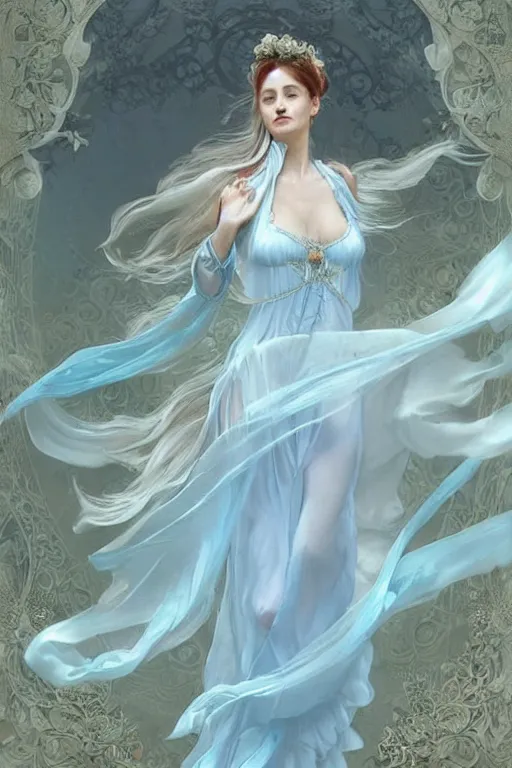 Prompt: beautiful!!! woman dressed in a vaporous wrapped large victorian pale blue roses silk semi-transparent dress fashion is running, fantasy, intricate, elegant, highly detailed, digital painting, trending on artstation, concept art, matte, sharp focus, illustration, art by Artgerm and Greg Rutkowski and Alphonse Mucha, instagram model