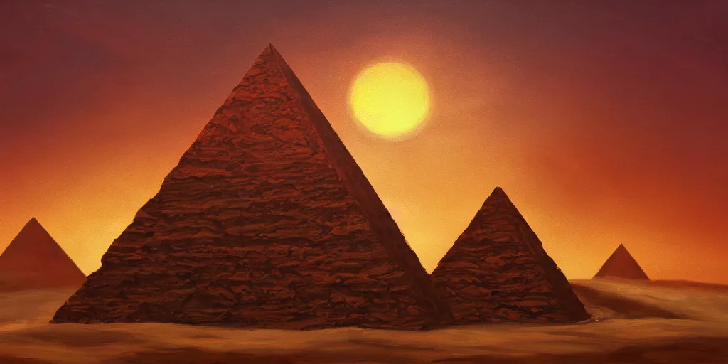 Image similar to an oil painting of a pyramid in in a post apocalyptic desert and a dark red sun, fantasy,hyper realistic, atmospheric lighting, cinematic, 8k,