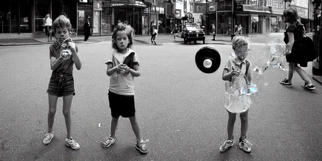 Prompt: street, 2 tomboys blow gum bubbles, 1 9 8 0 s film photography, exposed b & w photography, christopher morris photography, bruce davidson photography, peter marlow photography