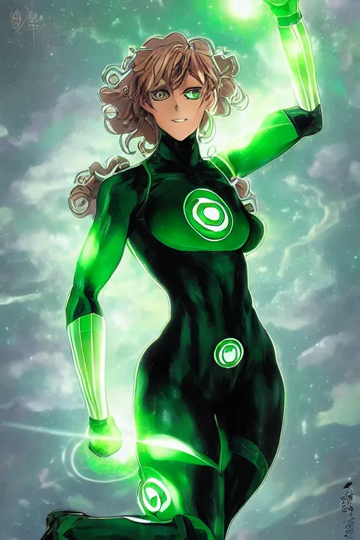 Image similar to anime key visual of a beautiful young female green lantern!! intricate, green and black suit, glowing, powers, dc comics, cinematic, stunning, highly detailed, digital painting, artstation, smooth, hard focus, illustration, art by artgerm and greg rutkowski and alphonse mucha