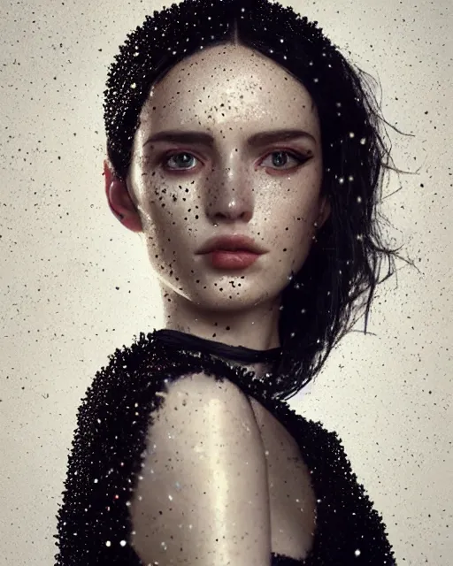 Prompt: half body portrait of juliana, in an outfit made from magnets, black hair, freckles, pale skin, photo by greg rutkowski, high fashion, female beauty, intricate detail, elegance, sharp shapes, soft lighting, vibrant colors, masterpiece