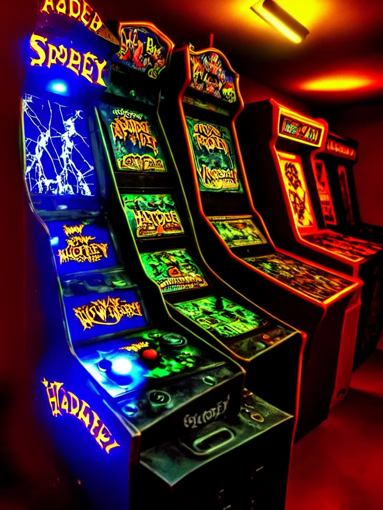 Image similar to haunted arcade machine, spooky, horror, overhead lighting, alluring lights hdr