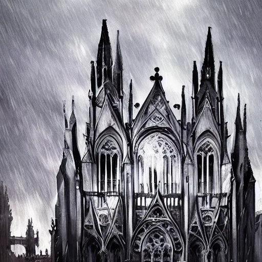 Prompt: Gothic cathedral in stormy night, rain, thunder, digital painting, concept art, artstation, 4k, by Imoko, Miho Hirano, and Hayao Miyazaki