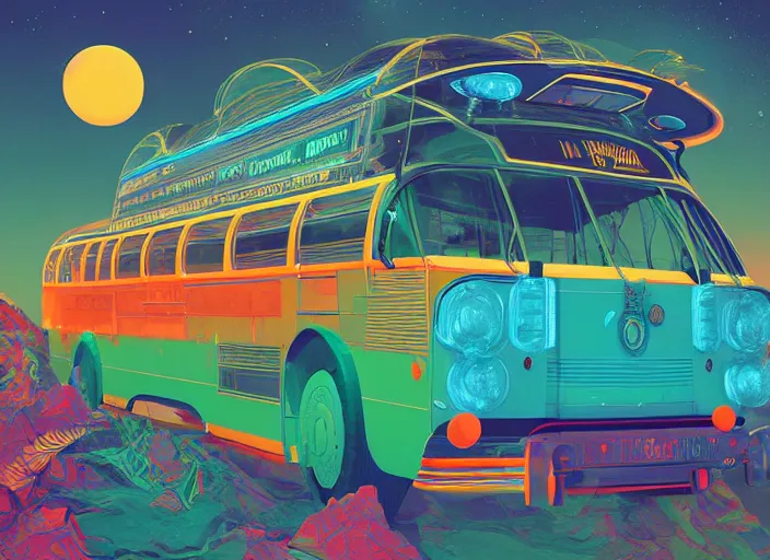 Image similar to a luminescent colorful indian bus by paolo eleuteri serpieri and tomer hanuka and chesley bonestell and daniel merriam and tomokazu matsuyama, unreal engine, high resolution render, featured on artstation, octane, 8 k, highly intricate details, vivid colors, vector illustration