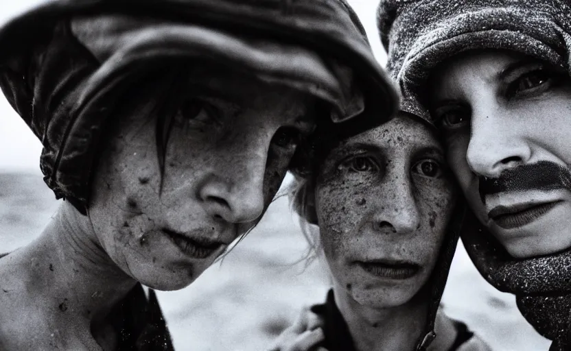 Image similar to cinestill 5 0 d photographic portrait by helen levitt of a white and mixed female android adult couple wearing rugged black techwear on a desolate plain of america, extreme closeup, modern cyberpunk, dust storm, 8 k, hd, high resolution, 3 5 mm, f / 3 2, ultra realistic faces, intricate detail, ex machina