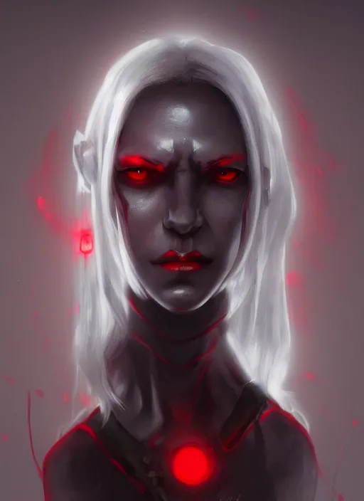 Image similar to portrait painting of a gray dark elf with red glowing eyes, artstation, nvidia, vray
