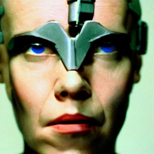 Image similar to movie still of a villain cyborg, facial expression, cinematic composition, cinematic light, surreal cinema, pastel color scheme, by david lynch,