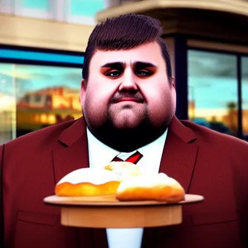 Prompt: Close up portrait of a chubby man wearing a brown suit and necktie with a bakery in the background. Photorealistic. Award winning. Dramatic lighting. Intricate details. UHD 8K. He looks about to cry.