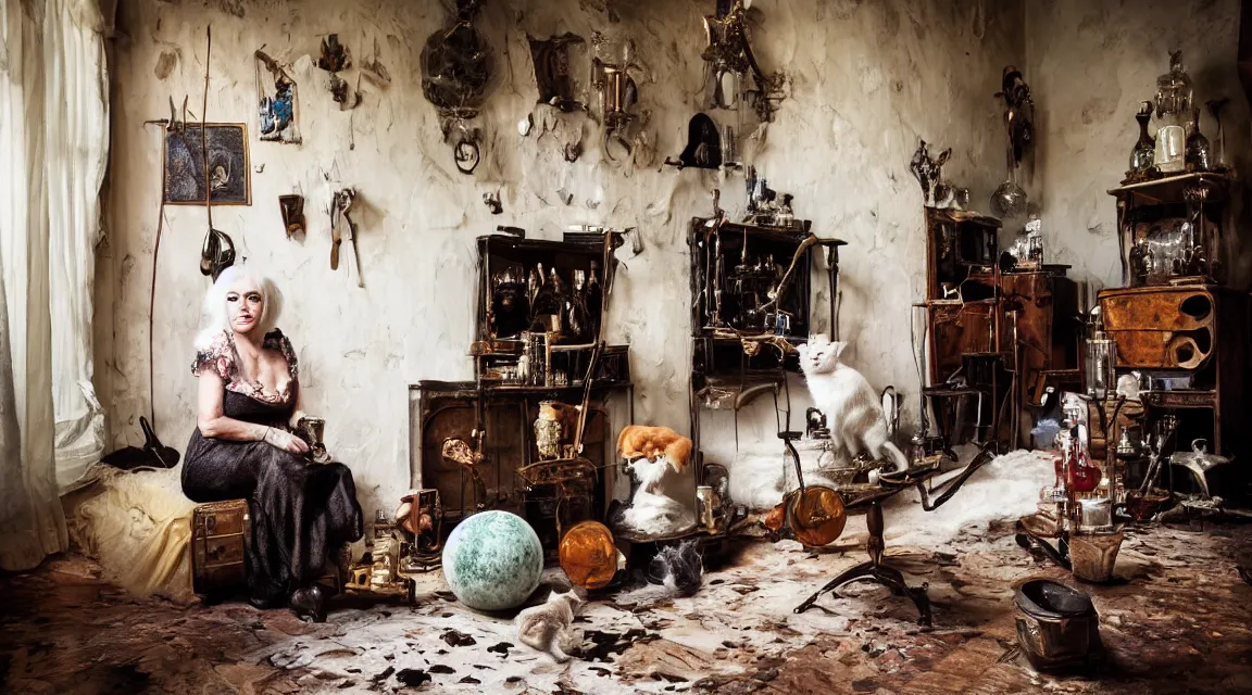 Image similar to full body protrait beautifull witch with white hair in old room. A cristal ball on a wood table with a potions and old instruments. A cat on the floor licking his paw. photorealistic, profesional photo, by Steve McCurry