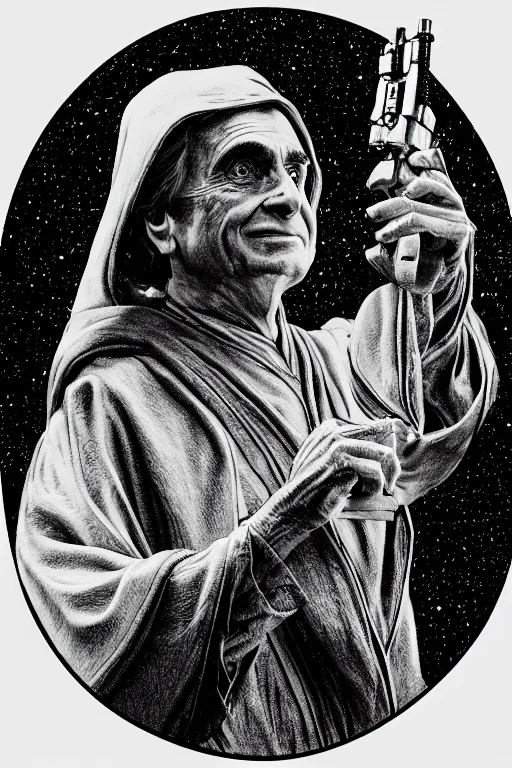 Prompt: A cast copper engraving of carl sagan wearing jedi robes, HD, 4k, 8k, incredibly detailed, intricate, masterpiece, trending on artstation, cgsociety