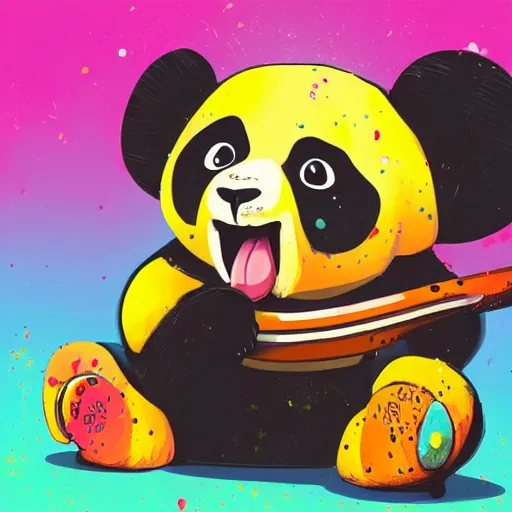 Image similar to colorful illustration of panda in headphones, colorful splatters, by andy wrahol and zac retz and kezie demessance