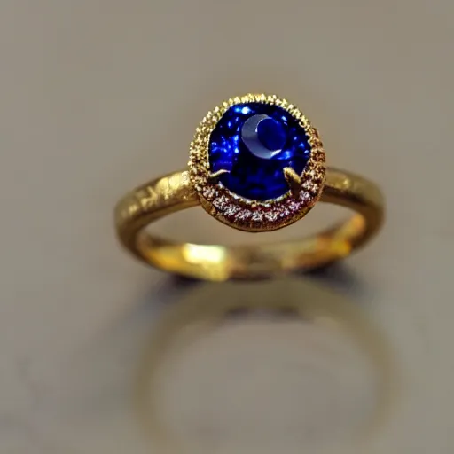 Prompt: close up photo of a gold ring with sapphires embedded into it, complex, high detail