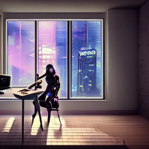 Image similar to cluttered living room wide shot cyberpunk high tech, cool cybernetic girl sitting at table, through the window is a cityscape, dramatic lighting, god rays, music by vangelis