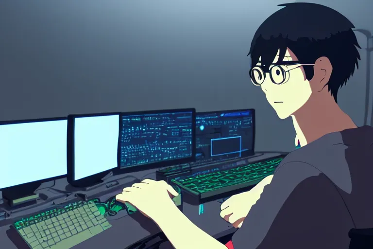 Prompt: a nerdy boy is programming at a computer in a room full of gadgets, by makoto shinkai and ghibli studio, highly detailed, incredible quality, trending on artstation