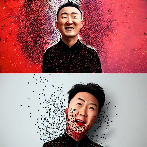 Prompt: Justin Sun attacked by crimson-black bees by Pixar
