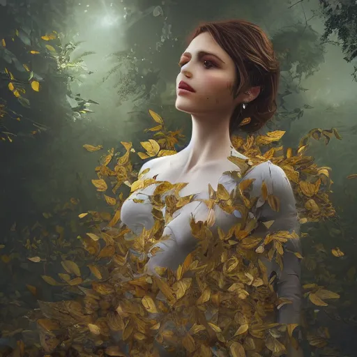 Prompt: a highly detailed digital image of an elegant figure surrounded and engulfed in leaves, matte background, artstation, detailed woman, stunning volumetric lighting, elegant, fantasy, 4k,