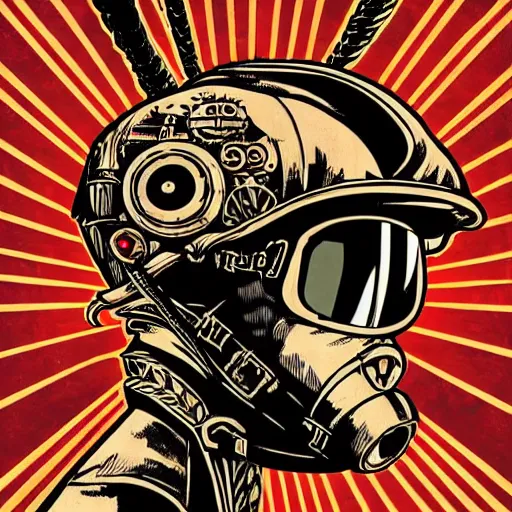 Image similar to Illustrated by Shepard Fairey and H.R. Geiger | Steampunk Mad Max with VR helmet, surrounded by cables