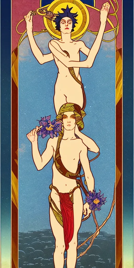 Prompt: the fool, ryder tarot card with an art deco boarder, high quality, digital painting, by studio ghibli and tammara de lempika and alphonse mucha, artgerm