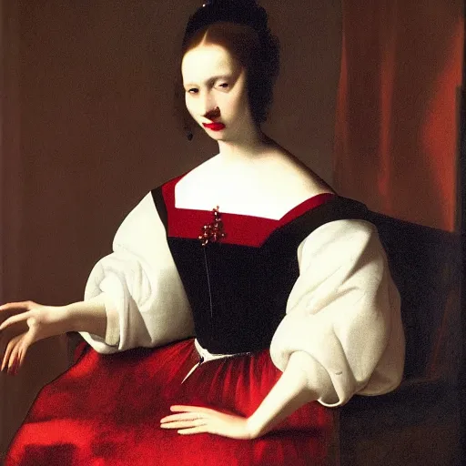 Image similar to sublime portrait of a woman in a red satin dress, very pale, graceful, imposing, idealistic, by Vermeer, Van Dyck, Jean Auguste Dominique Ingres, 17th-century, smooth, sharp focus, highly realistic