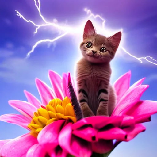Image similar to very cute and tiny cat with horn sitting on a Dahlia flower flying on a pink cloud, sky background, pixar style, cinematic lightning, award winning creature photography