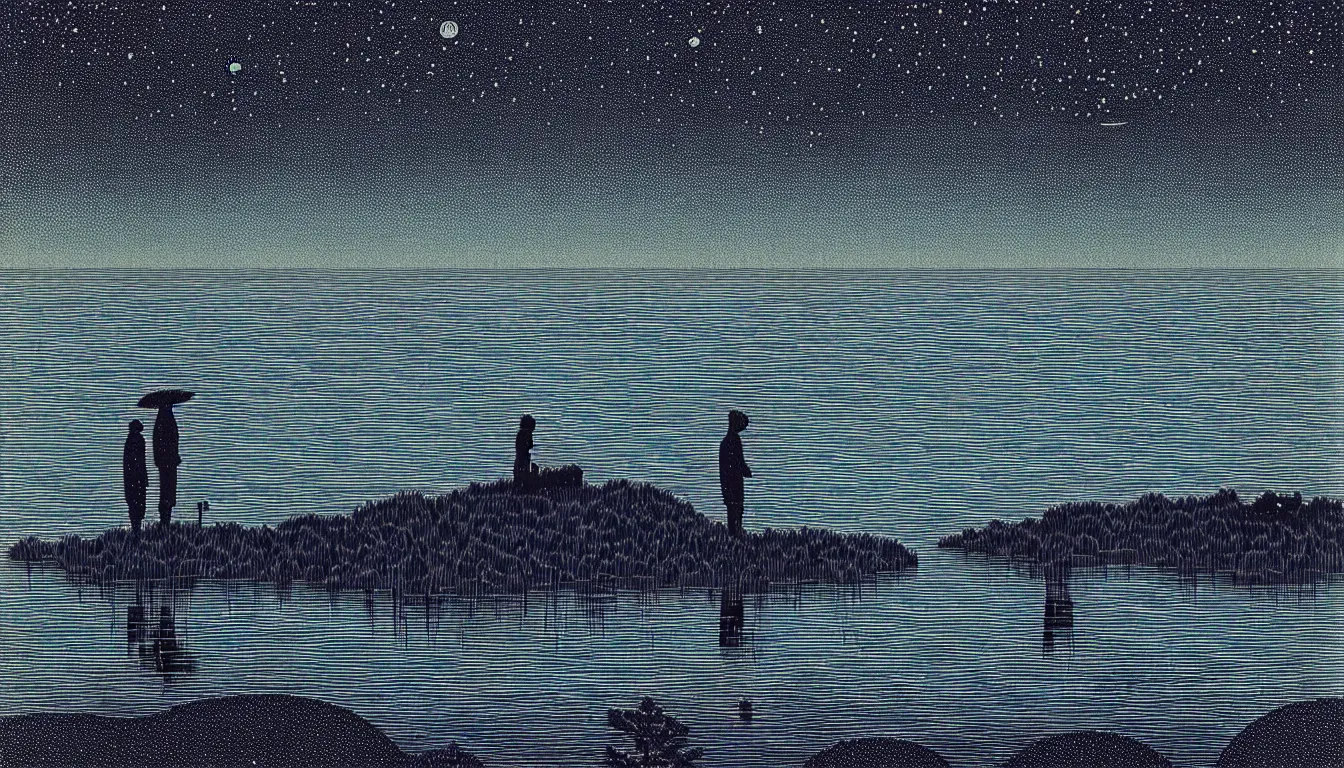 Image similar to standing in a lake looking at reflection of the night sky by woodblock print, nicolas delort, moebius, victo ngai, josan gonzalez, kilian eng