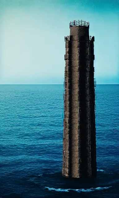 Image similar to lone dark tower in the center of a serene vast ocean, album artwork, album cover, expressionist, minimal