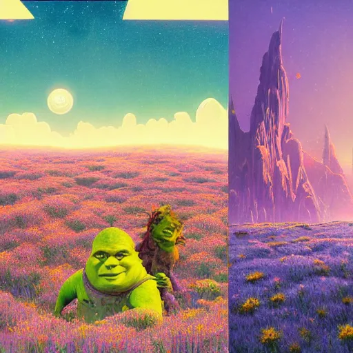 Image similar to a fantastic hyperdetailed 3 d matte painting of shrek partially covered in overgrowing wildflowers on an alien planet under arctic moonlight by moebius by beeple by by jakub rozalski by paul lehr by dan mumford