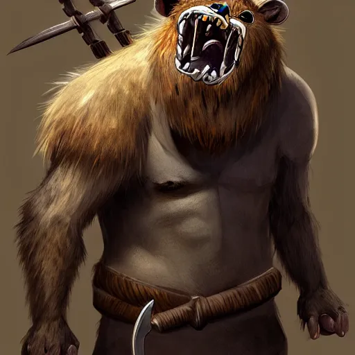 Image similar to Portrait of Grinning Gnoll with a scythe in its hand and brown fur. In style of Hyung-tae Kim, concept art, trending on ArtStation, Korean MMORPG.