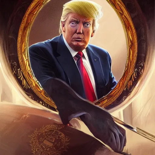 Image similar to portrait of donald trump with beard, d & d, face, dark fantasy, intricate, elegant, highly detailed, digital painting, artstation, concept art, smooth, sharp focus, illustration, art by artgerm and greg rutkowski and alphonse mucha