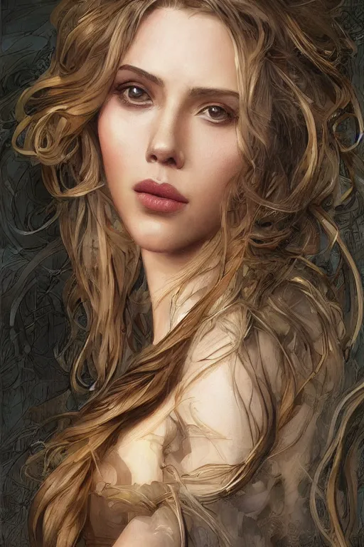 Image similar to portrait of scarlett johansson, long hair, fantasy, elegant, intricate, full frontal shot, highly detailed, digital painting, artstation, concept art, sharp focus, illustration, art by artgerm and greg rutkowski and alphonse mucha