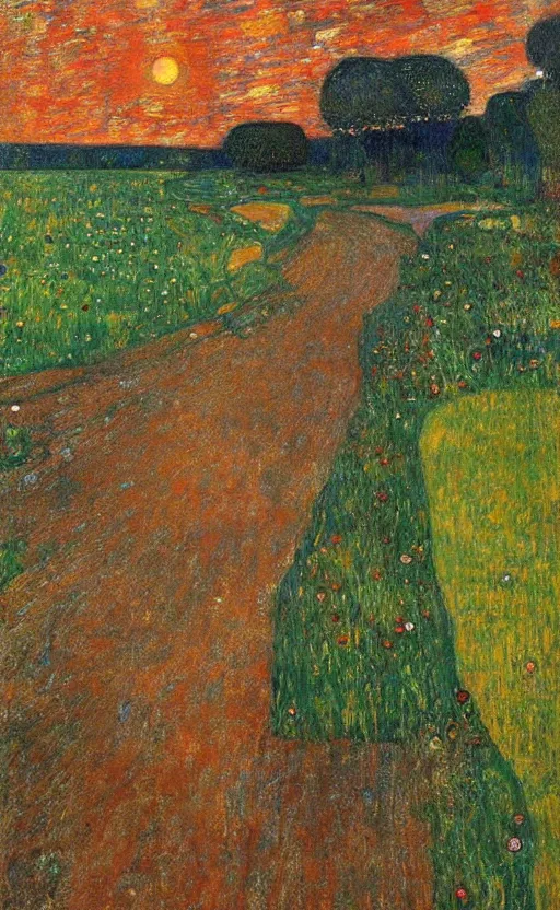 Image similar to paperback book cover by klimt. pure colors, melting clouds, accurately drawn details, a sunburst above a receding road with the light reflected in furrows and ruts, after rain. photorealistic. cinematic. trending on artstation. textless.