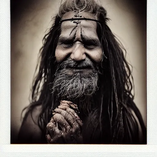 Image similar to polaroid film portrait of aghori sadhu covered in ash, hyperrealism, hypermaxiymalism, photorealistic, detailed, atmospheric, 8 k, award winning photography, cinematic