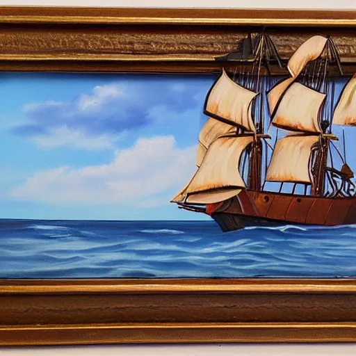 Prompt: oil painting of a pirate ship in a frame, old painted style