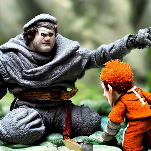 Prompt: claymation of samwise fights shelob, gritty, tilt shift, award winning, highly textured, very detailed!, eerie