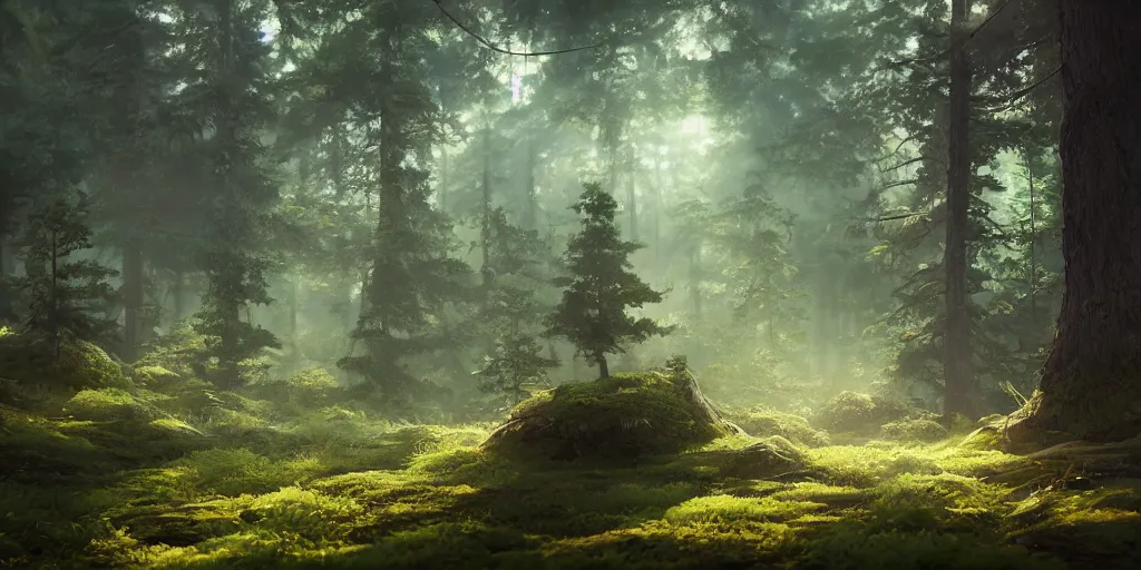 Image similar to a forest, oil painting, cinematic angle, hyperrealistic, volumetric lighting, dynamic, Studio Ghibli, digital art, octane render, post-processing, epic composition, trending on artstation, masterpiece