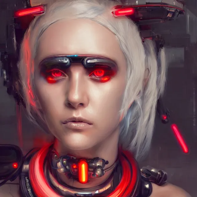 Image similar to A beautiful painting of a cyberpunk space jocky, girl with white hair fire red eyes sensual stare, Trending on artstation. augmentations and cybernetic enhancements neon circuits, greg rutkowski , hyperrealist, cinema4D, 8k highly detailed ❤️‍🔥 🔥 💀 🤖 🚀