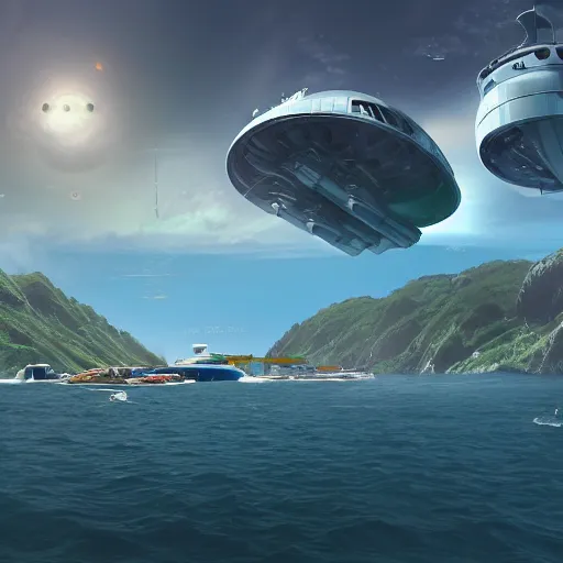Image similar to a view from a boat of a seasteading community, ( ( open ocean ) ), fusion of subnautica and star trek!, drawn by noriyoshi ohrai, beautifully detailed 4 k octane render, 4 k post processing