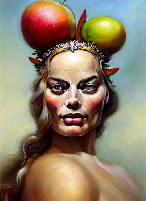 Prompt: margot robbie as an goddess of fruits, aesthetic, fine art, intricate, elegant, highly detailed, realistic hair, centered, digital painting, art station, conceptual art, soft, sharp focus, illustration, artwork, artgerm, tomasz alen kopera, peter mohrbacher, donato giancola, wlop, boris vallejo