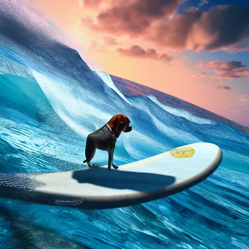 Image similar to beagle on a surfboard, surfing blue waves of an very clear water ocean off hawaii, digital art, octane render, imax, trending on artstation, dark mood