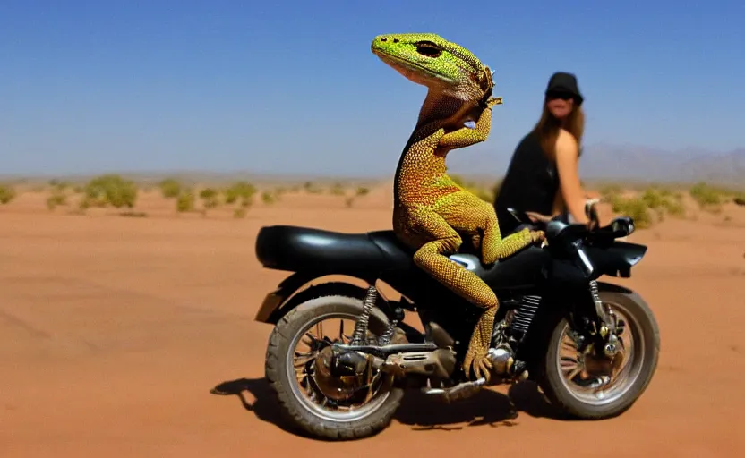 Prompt: gecko riding a mini motorcycle, in the desert, long road,