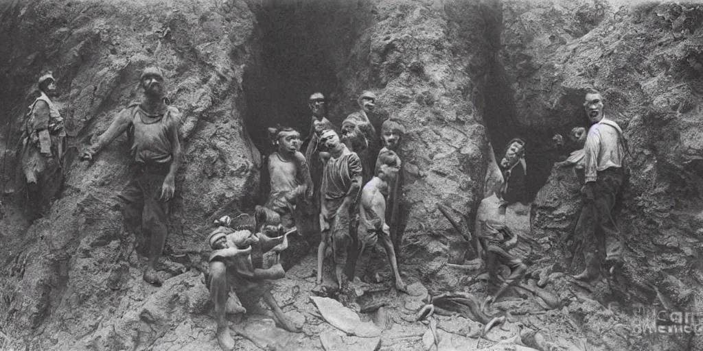 Prompt: explorers looking fearful as something emerges from a dark cave, 1 9 0 0 s photograph