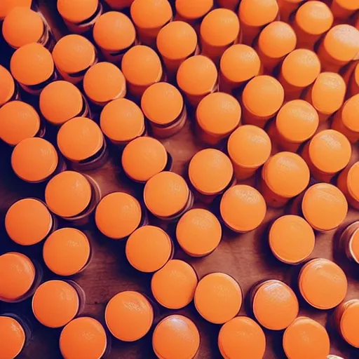 Image similar to orange colored lipbalm in giant piles on table, shaded, backlit