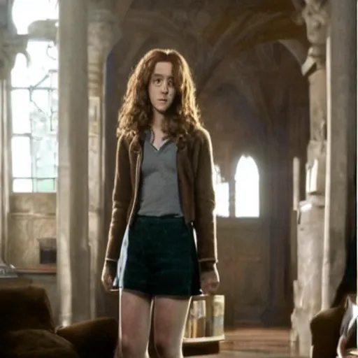 Image similar to hermione granger transforming into a horse in the middle of a living room, her legs and waist are already horse - like